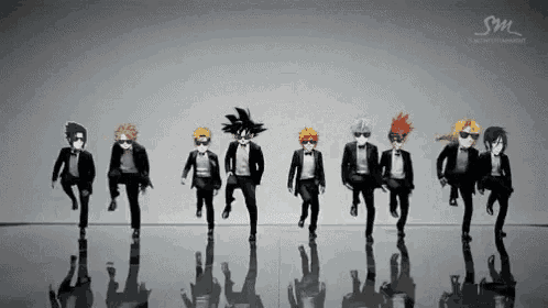 a group of cartoon characters in tuxedos are dancing in a line .