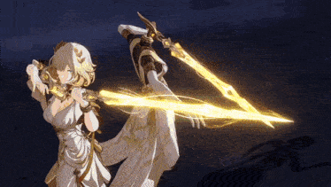 a woman in a white dress is holding a sword and a bow