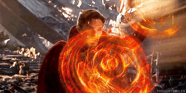 doctor strange is holding a shield that is surrounded by a red circle of fire .