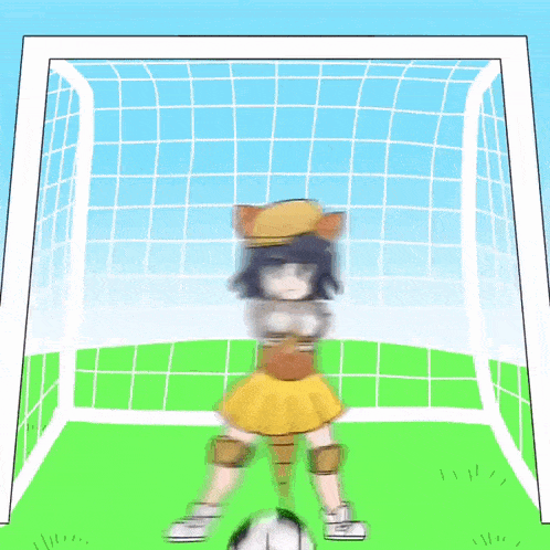 a cartoon girl is catching a soccer ball in a goal