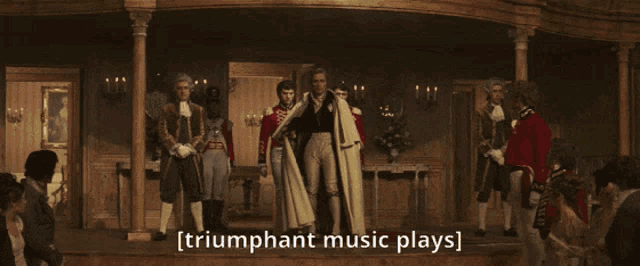 a group of people standing in a room with the words triumphant music plays on the bottom