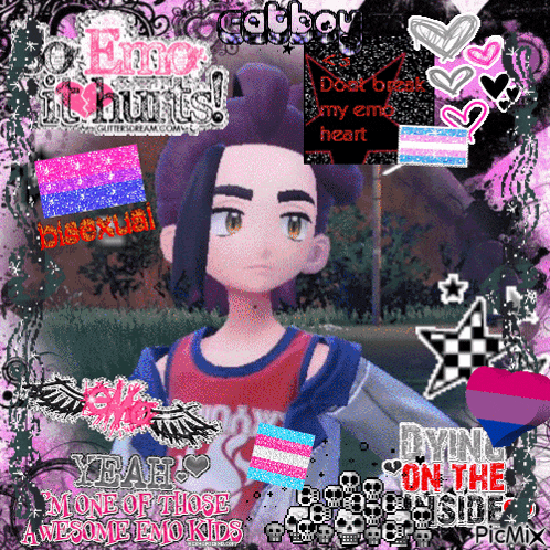 a picture of a boy with the words " emo it hunts " written on it