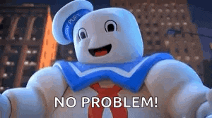 a cartoon character is standing in front of a building and saying `` no problem ! ''