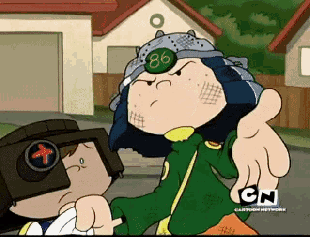 a cartoon character with the number 86 on his head is pointing