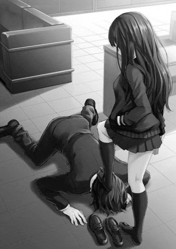 a black and white drawing of a girl kneeling down on a man 's lap