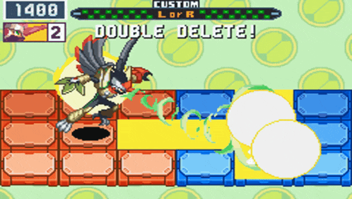 a video game screen shows a monster and says double delete