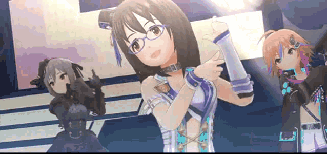 a group of anime girls are standing on a stage with one wearing glasses