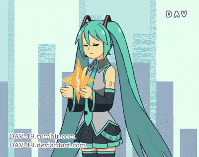 a cartoon of hatsune miku holding a star with the word dav at the top
