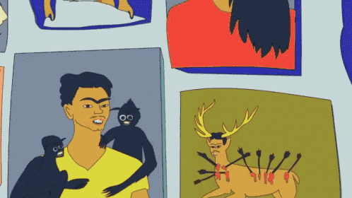 a cartoon of a man holding a monkey and a deer