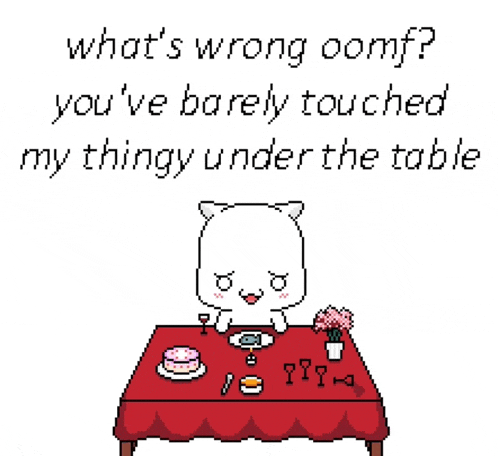 a pixel art of a cat sitting at a table with the words " what 's wrong oomf " below it
