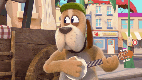 a cartoon dog is playing a banjo in front of a building that says ' a ' on it