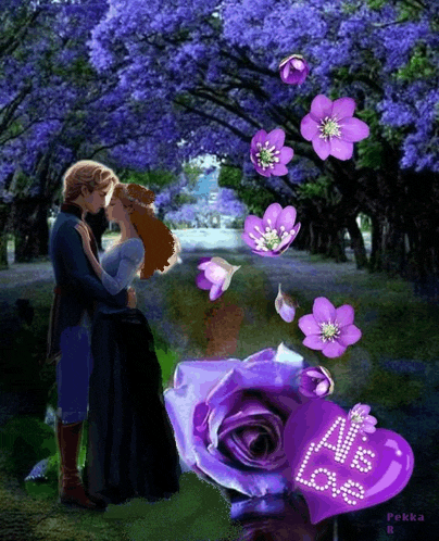 a picture of a man and woman kissing with purple flowers and a heart that says all love