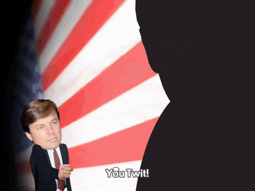 a man in a suit and tie stands in front of an american flag with the words you twit on the bottom