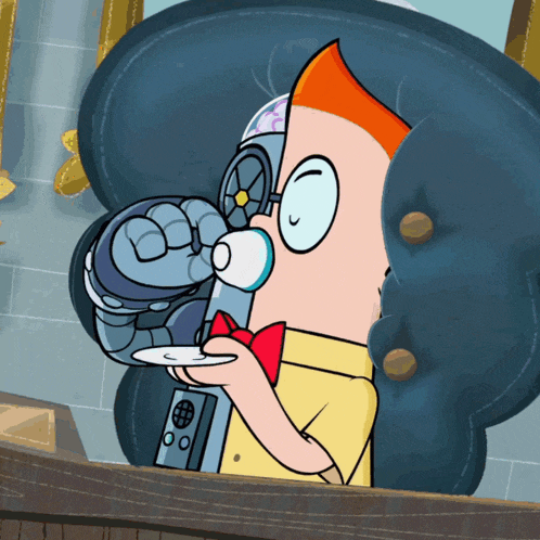 a cartoon character is holding a remote control and looking at something