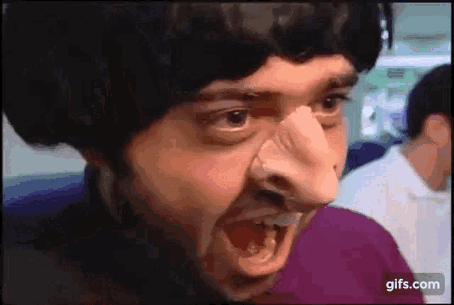a man wearing a fake nose is making a funny face .