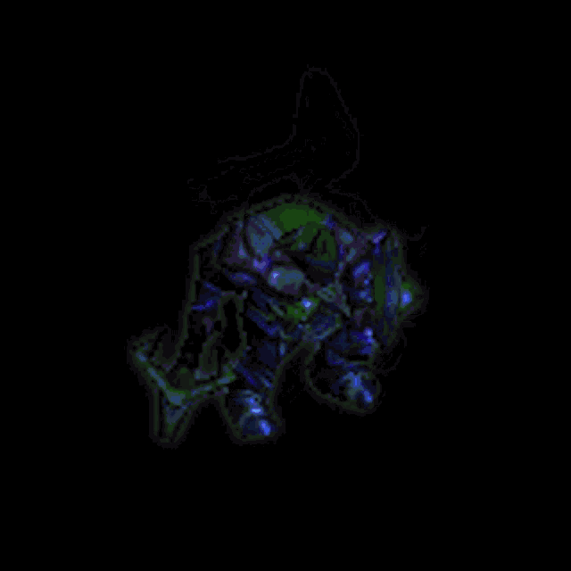 a video game character is glowing in the dark with a blue light behind him