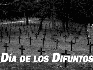 a black and white photo of a cemetery with the words dia de los difunto on the bottom