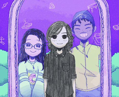a drawing of three people with one wearing a sweatshirt that says rush pass