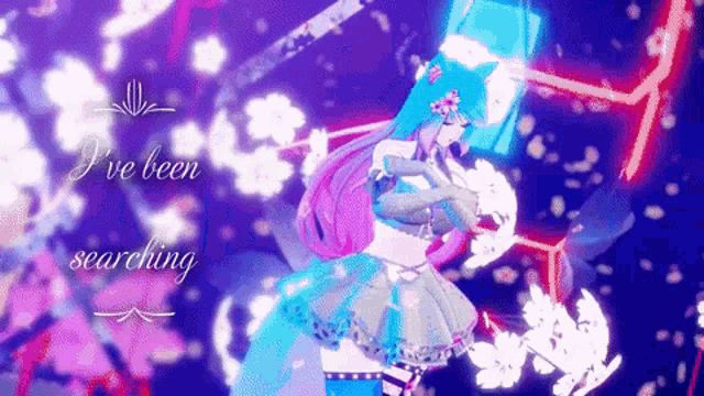a girl in a blue dress with the words " i 've been searching " above her