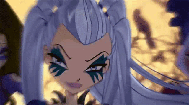 a close up of a cartoon character with gray hair