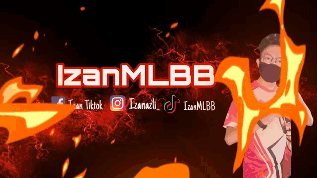 a man wearing a mask stands in front of an izanmlbb banner