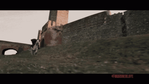 a knight on a horse in front of a forbidden love sign
