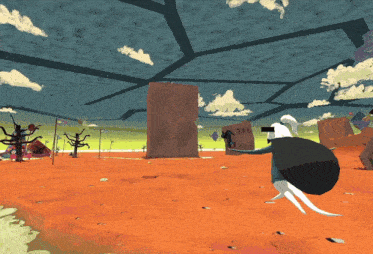 a cartoon character wearing a virtual reality headset stands in a desert