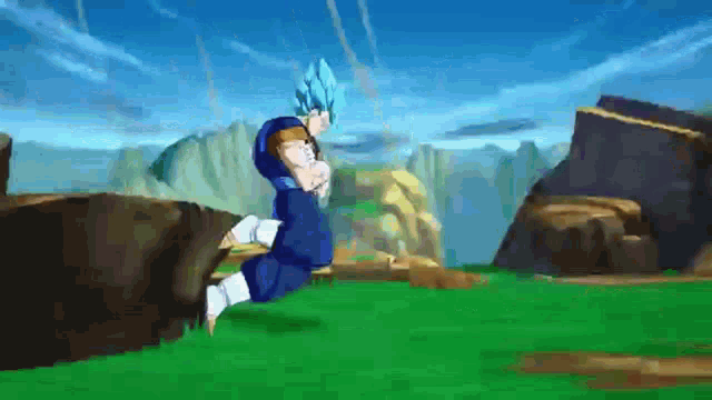 a cartoon character is jumping in the air in a video game with a mountain in the background .