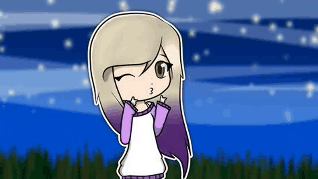 a cartoon girl with long blonde hair and purple highlights is making a funny face .