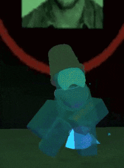 a computer generated image of a person standing in front of a television screen