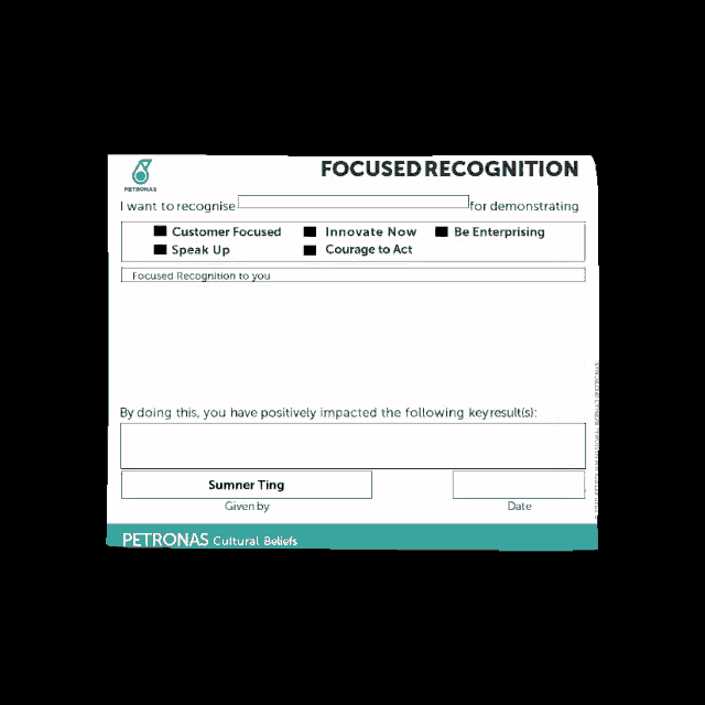 a piece of paper that says focused recognition on the top