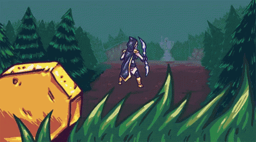 a pixel art drawing of a person with a bow and arrow in a forest
