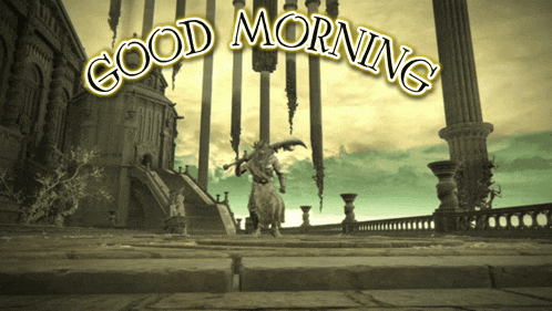 a statue in front of a building with the words good morning written above it