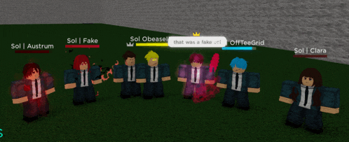 a group of roblox characters are standing next to each other and one of them is named sol