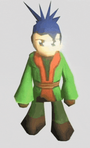 a cartoon character with a blue mohawk is wearing a green and red outfit