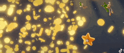 a couple of cartoon characters are flying through the air with a star in the middle .