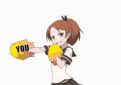 a girl in a school uniform is holding a yellow object that says you
