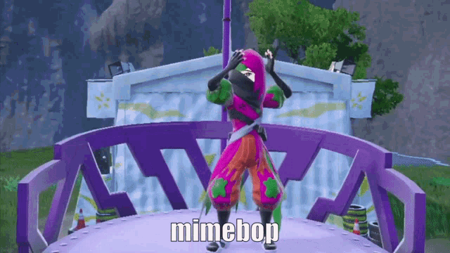 a video game character is standing on a purple platform with the words mimebop on the bottom