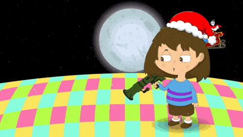 a cartoon girl wearing a santa hat holds a gun