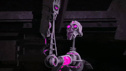 a statue of a person with a purple mask on their face is standing in the dark .