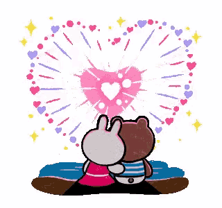 a brown bear and a white rabbit are sitting on the beach watching fireworks in the shape of a heart .