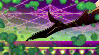 a cartoon character is flying through the air with a spider web behind him .