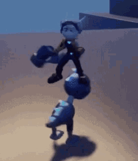 a cartoon character is standing on top of a robot .