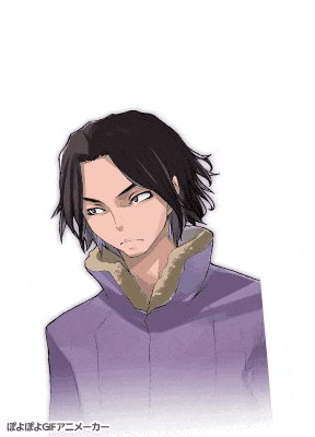a drawing of a man with long black hair and a purple jacket with a collar