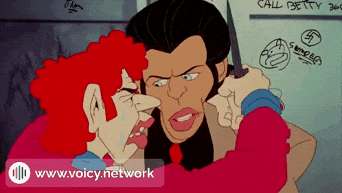 a cartoon of a man holding a knife next to a woman with the website www.voicy.network displayed