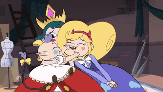 a couple of cartoon characters sitting next to each other with one wearing a crown