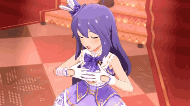 a girl in a purple dress is holding her chest