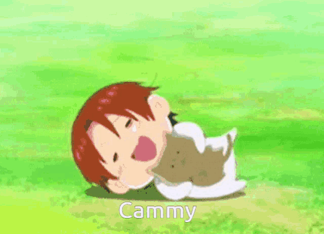 a cartoon character is laying on the grass and the name cammy is visible