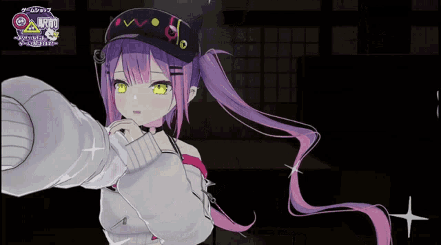 a girl with purple hair and yellow eyes is wearing a black hat and a white sweater