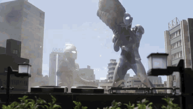 a statue of a man is standing in front of a building that says ' nzn ' on it